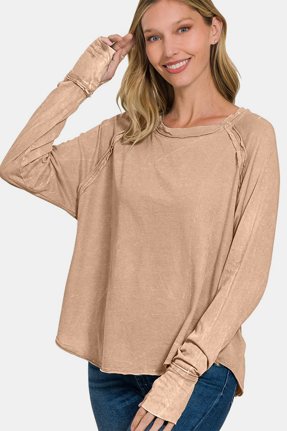 Zenana Top 100% Cotton Thumbhole Women Round Neck Ash Mocha Long Sleeve T-shirt