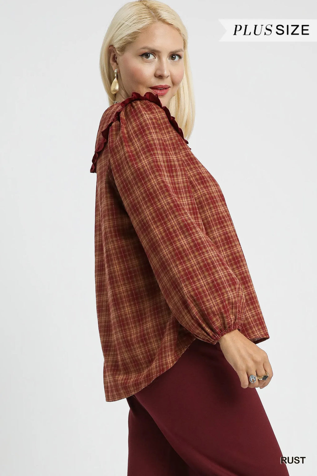 Umgee Women's Blouse Rusty Plaid Ruffle Collar Long Sleeve Top 962ed263-8059-41de-b903-92ea3c1994d8-Max-Origin Trendsi