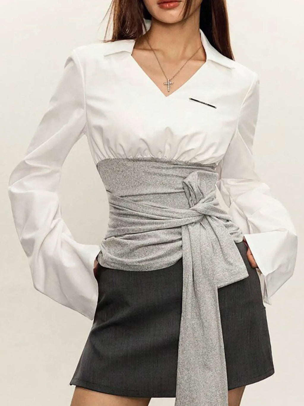 Women's Blouse White Collared Gray Tie Waist Long Sleeve White 963690d7-85d2-4dd2-ad4b-32d3833a16aa-Max-Origin Trendsi