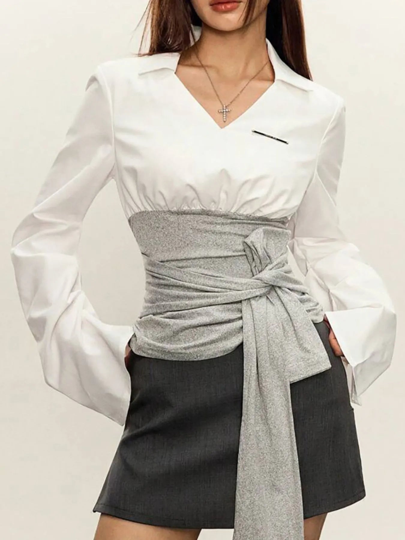 Women's Blouse White Collared Gray Tie Waist Long Sleeve White 963690d7-85d2-4dd2-ad4b-32d3833a16aa-Max-Origin Trendsi