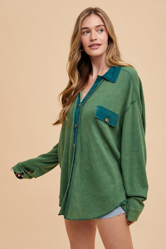 Women's Shirt Waffle-Knit Mineral Washed Button Down - Dark Green Annie Wear USA 963c9f4d-8328-4ffa-bc3e-07405a7dd902-Max Trendsi