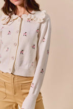 SO ME Women's Cardigan Cream Floral Embroidered Collared Long Sleeve Sweater 964e28ad712d4cbba9b705c2e18eaf39-Max-Origin Trendsi