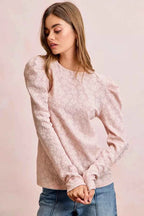 BiBi Women Blouse Textured Flower Knit Blush Pink Puff Shoulder Top Long Sleeve 9651ccc15865401f91335156ebd3334e-Max-Origin Trendsi
