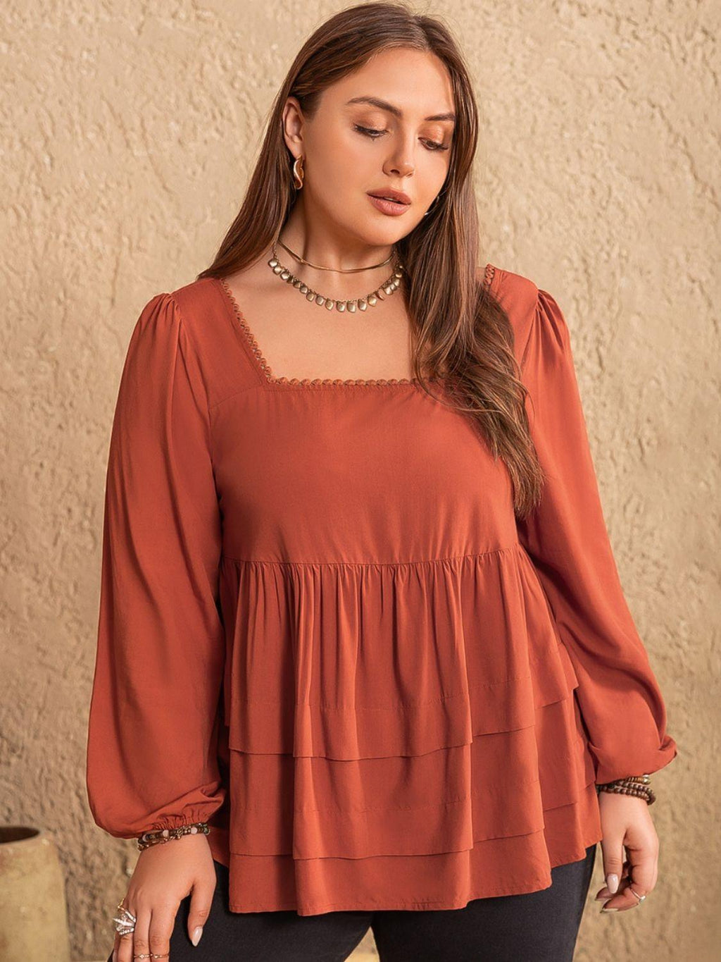 Plus Size Blouse Lace Detail Square Neck Long Sleeve Tops 9653b223-e68d-44a4-8d39-c89a976416a4-Max Trendsi