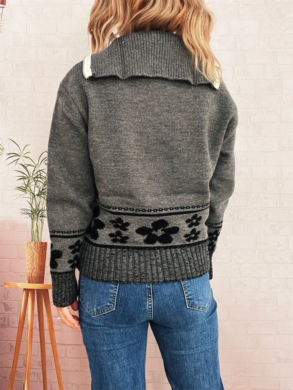 Women's Sweater Flower Hem Zip Collar Long Sleeve Stylish Pullover 9653f40fe8fc490fbe90e40f4e4cffea-Max-Origin Trendsi