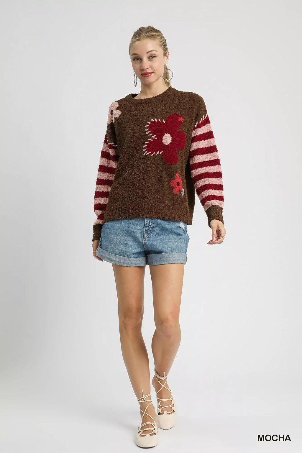 Umgee Sweater Mocha Flower Jacquard Striped Long Sleeve Knit Pullover 966c970a-f36b-403e-8b6b-60dfee2be9cf-Max-Origin Trendsi
