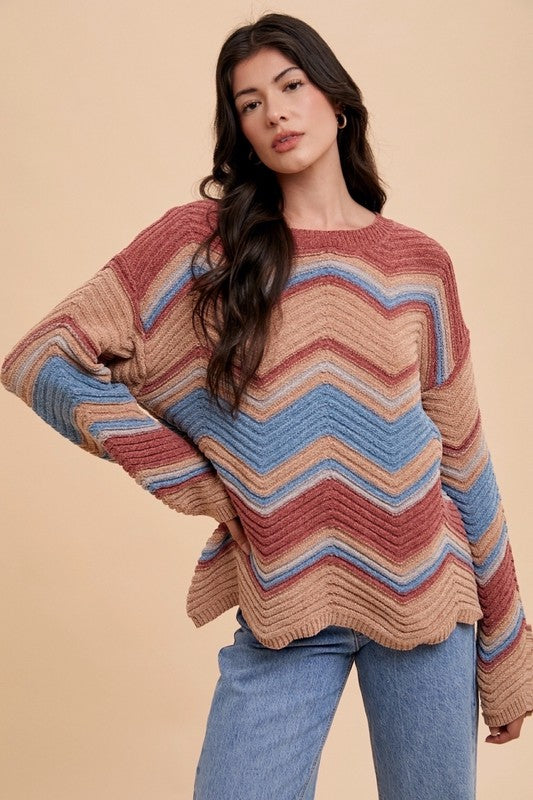 Women's Sweater Annie Wear Rose Multi Color Zig-Zag Round Neck Long Sleeve 9677b2b7-d5f1-42bd-82b6-2548a066f6ba-Max Trendsi