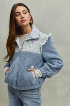 SO ME Women Jacket Faux Fur Sherpa Blue Pull with Floral Ruffle Contrast Zipper 96783771763843718c3f6f878d554a7e-Max-Origin Trendsi