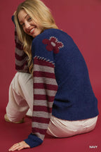 Umgee Womens Sweater Navy Flower Jacquard Striped Long Sleeve Pullover 967c1b5e-6d40-4d5b-bc4e-d0f352580cae-Max-Origin Trendsi