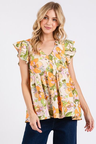 Mittoshop Floral Blouse V-Neck Ruffled Cap Short Sleeve Tangerine 967d51c5-7574-448f-b089-7590fa007c59-Min Trendsi