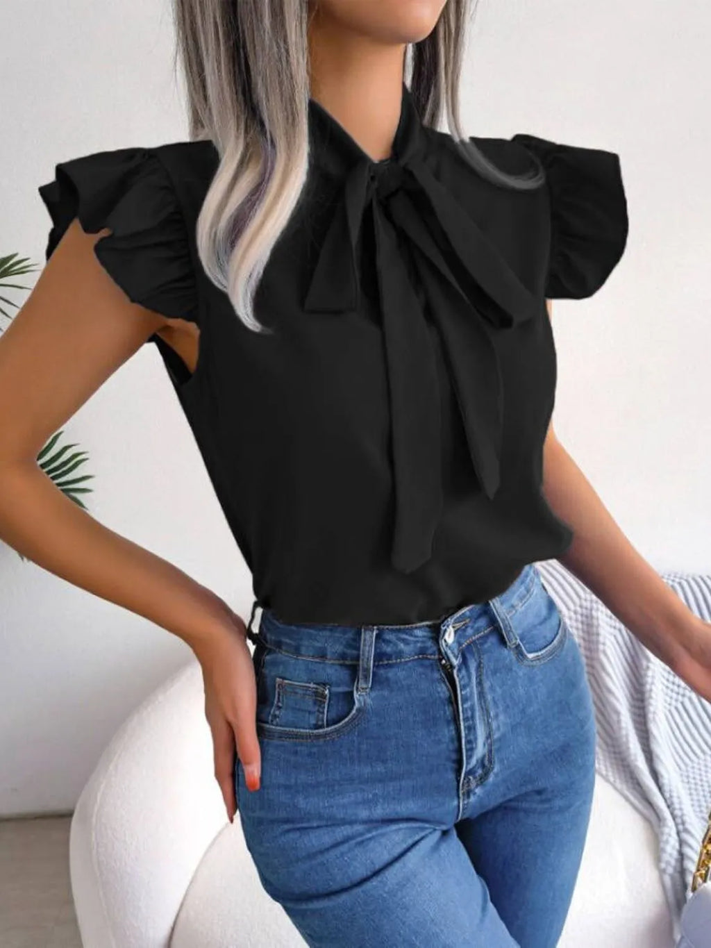 Women's Blouse Bow Tie Neck Ruffle Cap Short Sleeve Top 9684857e-2f8c-42a9-b6c2-1d92b7bd076a-Max-Origin Trendsi