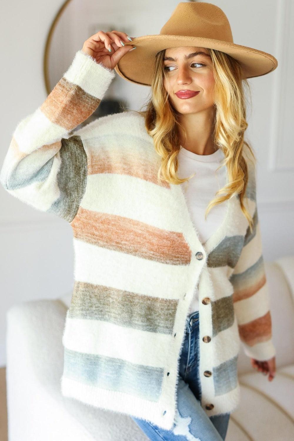 Haptics Sweater Cardigan Button Down Stripe Soft Fuzzy Single Breasted Ivory Rust Olive 969763ef-76d5-4762-a28d-8b3b0d997bed-Max Trendsi
