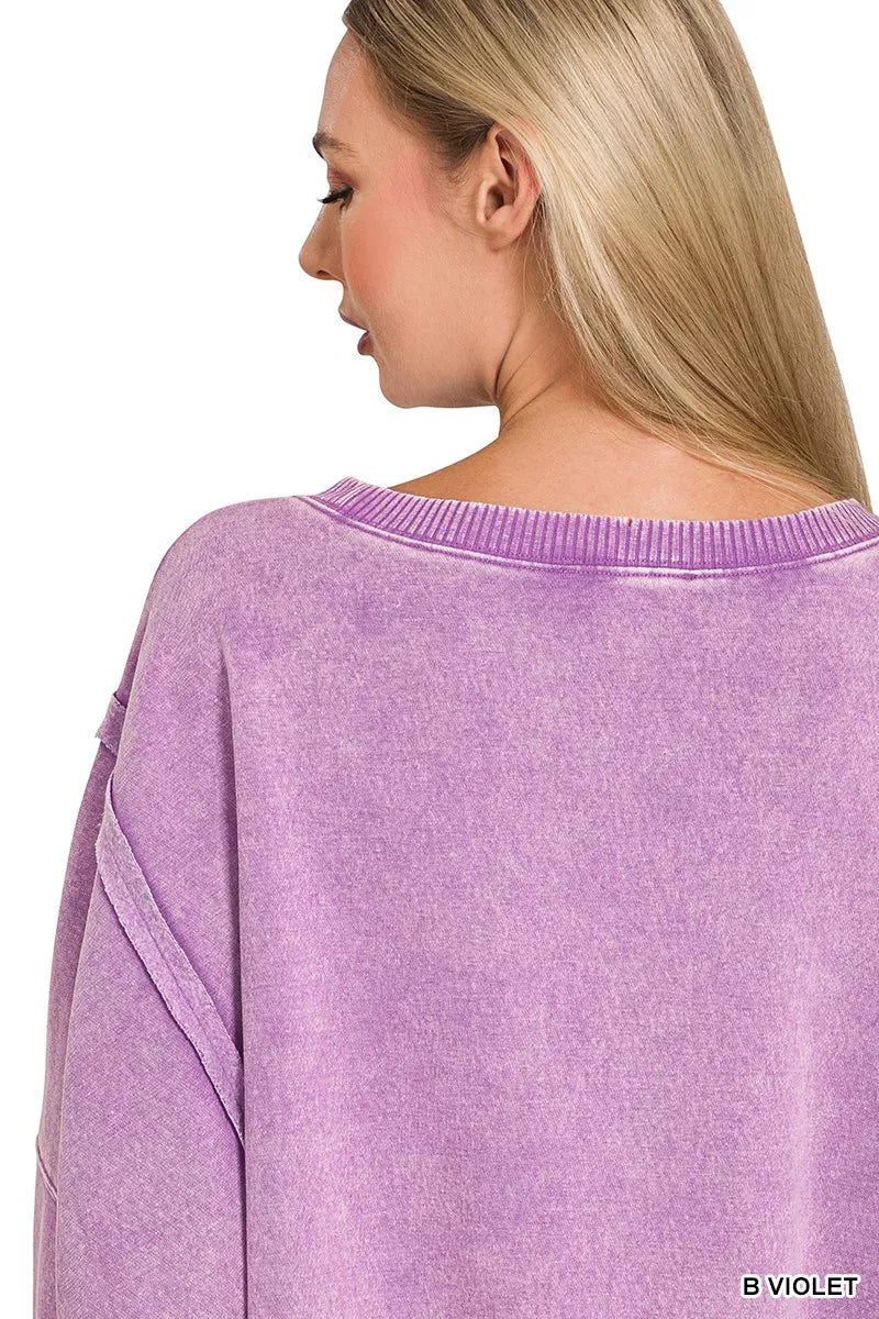 Zenana Fleece Sweatshirt Violet Acid Washed Batwing Sleeve Oversized Top 96a282c8a0594adabb81100195b8c6f2-Max-Origin Trendsi
