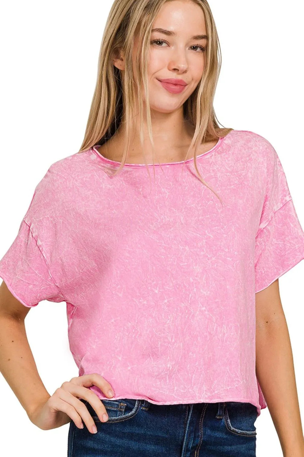 Zenana T-shirt Pink Washed Crew Neck Short Sleeve Crop Box Tee CANDY PINK 96a64b0e-e6f6-4eef-b784-25197f7df03e-Max-Origin Trendsi
