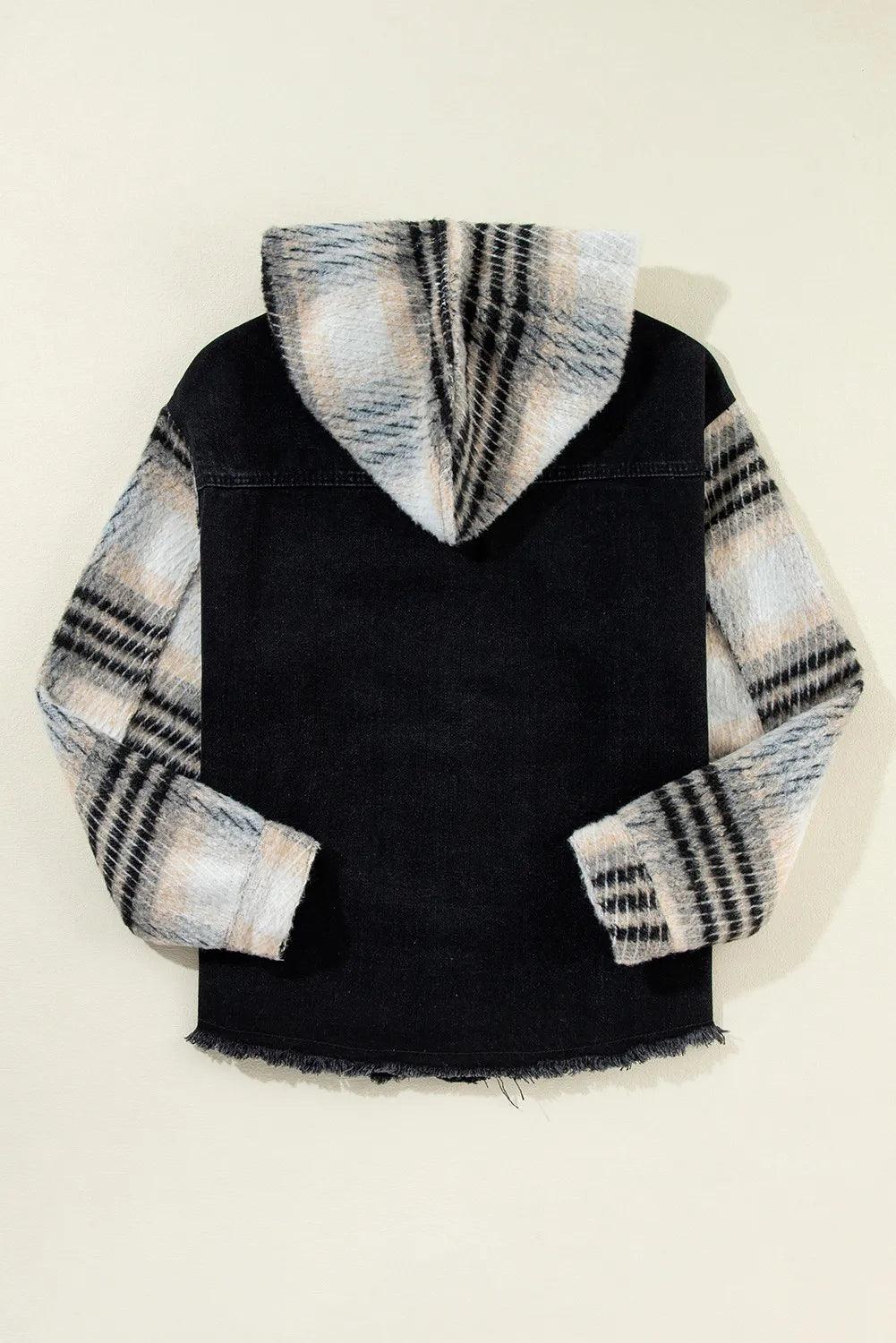 Denim Jacket Hooded Raw Hem Button Up with Knit Plaid Sleeves 96b2b0be-6492-4cea-8610-285a9d3c7970-Max Trendsi