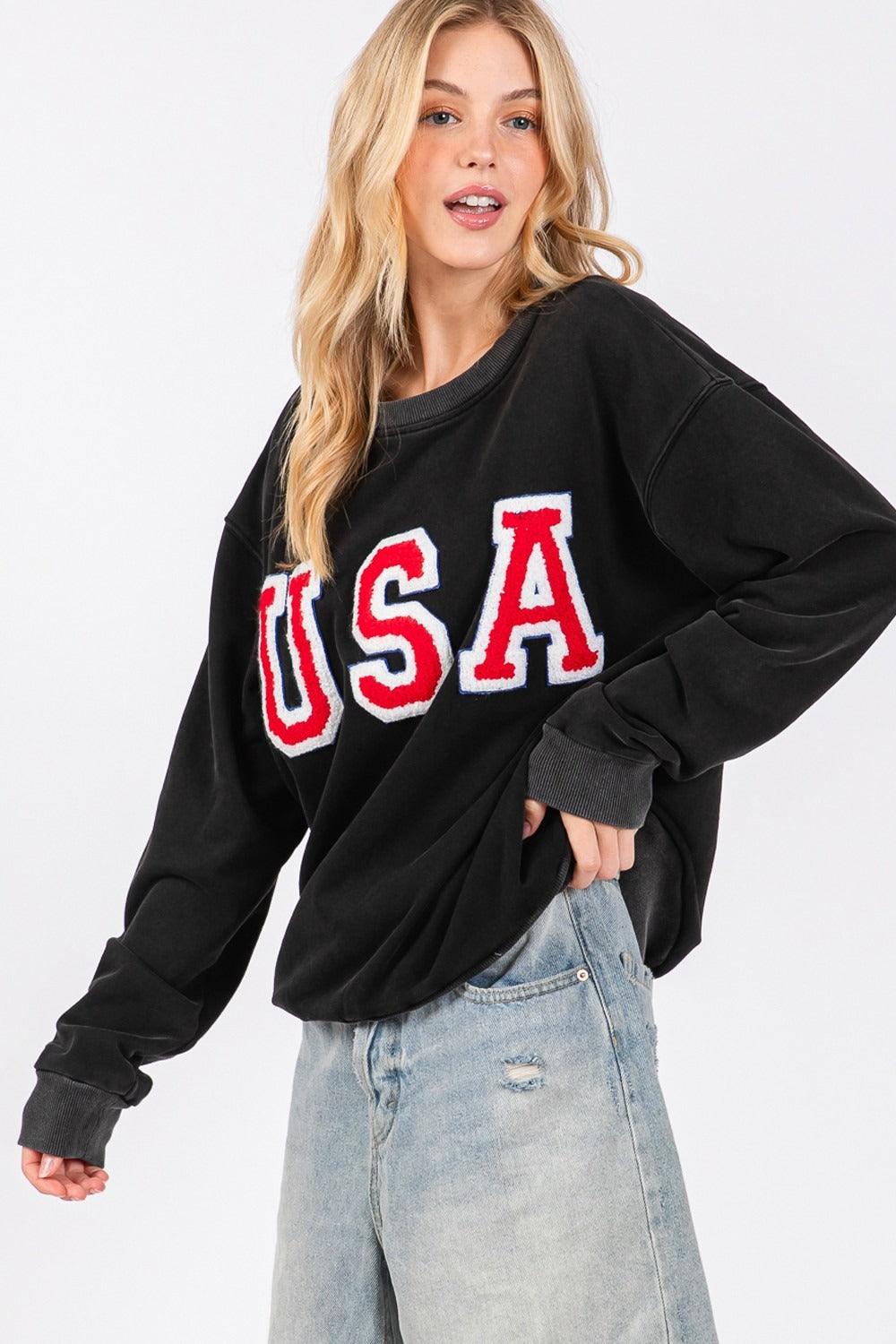 SAGE + FIG USA Letter Patch Round Neck Sweatshirt 96b6c143-fbe1-46e4-93bf-286b2641b390-Max Trendsi