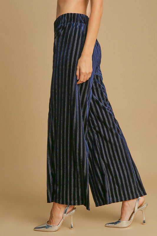 Umgee USA Velvet Pants Navy Elastic Waist Striped Wide Leg Women Trousers 96b7fa3f-6dc4-4100-8625-046f68692225-Max Trendsi