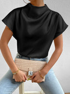Satin Blouse Mock Neck Pleated Short Sleeve Basic Style Top 96bba2db-1586-4789-ba5f-4cfc1a4f437f-Max-Origin Trendsi