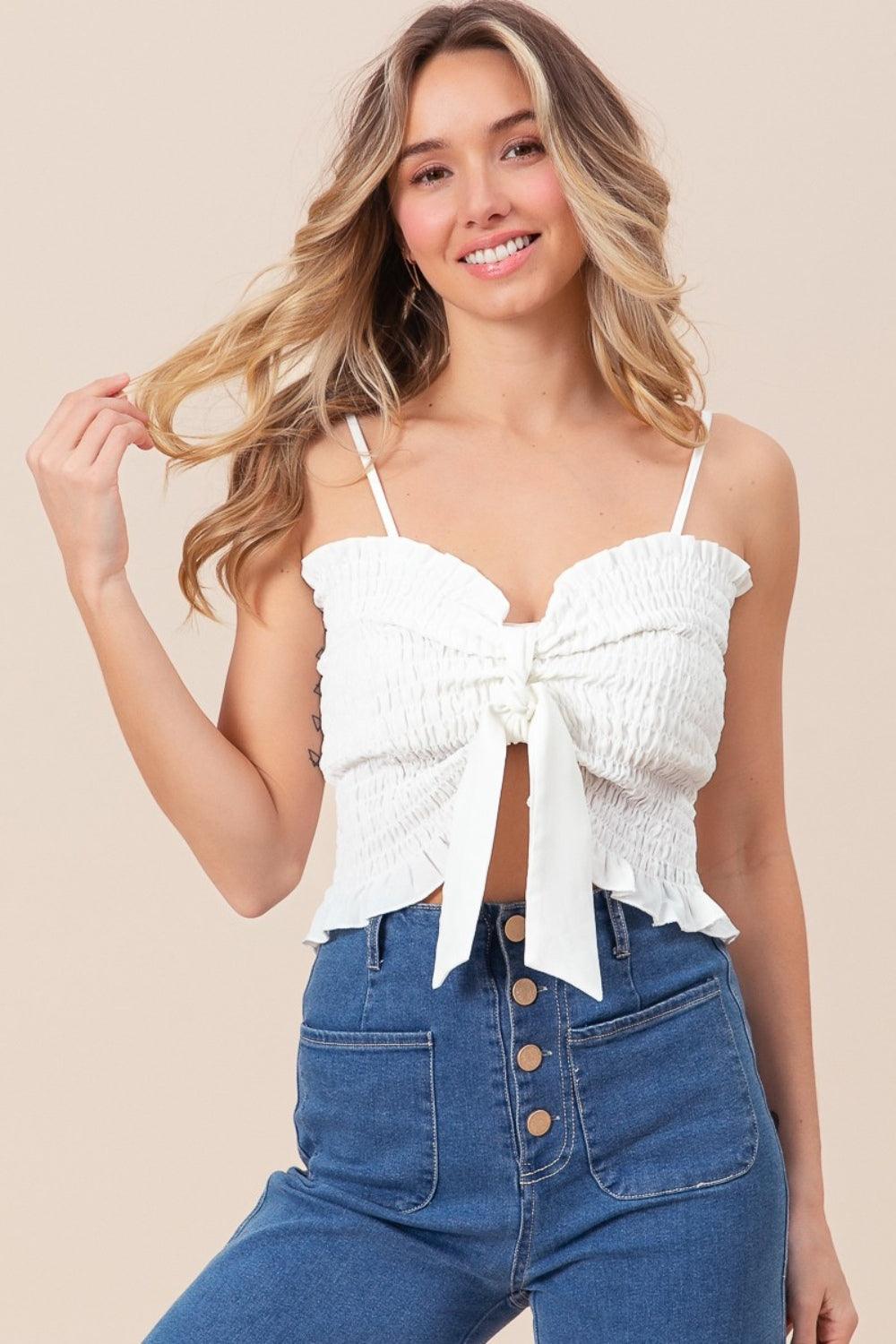 Cami Crop Top BiBi Ruffled Smocked Ribbon Bow Detail Off White 96c1490e-3d91-44b2-9076-a63e6c3abf5c-Max Trendsi