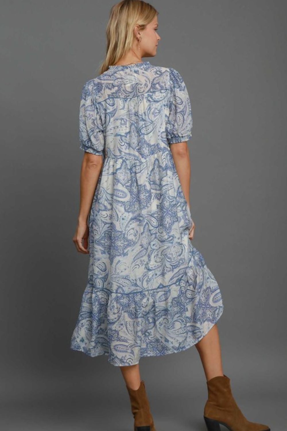 Umgee Midi Dress Blue Floral Printed Puff Short Sleeve Tied 96d9545d-d847-4898-8dc6-c64c23477050-Max Trendsi