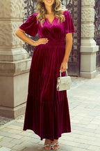 Maxi Dress Tiered Notched Short Sleeve Dress with Pockets Cerise 96ddba09-1fae-4f3c-9cc2-45b3f40a3eeb-Max Trendsi