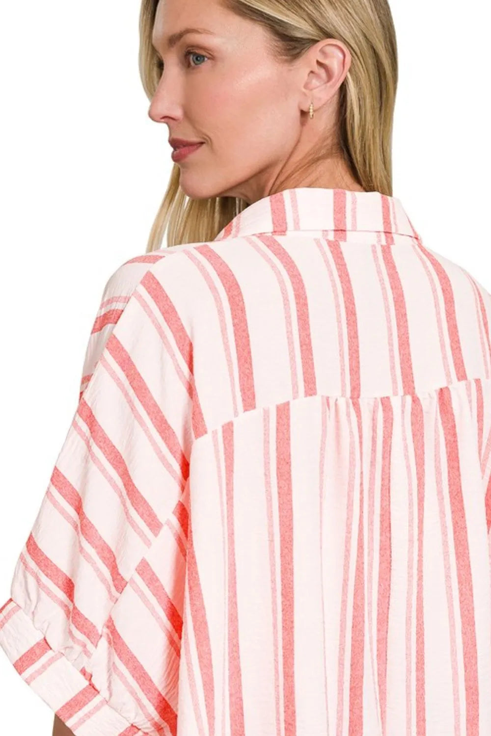 Zenana Shirt Woven Yarn-Dye Coral Stripe Oversized Short Sleeve Top 96e5a48f-7c5c-403f-8d30-a17b00e53783-Max-Origin Trendsi