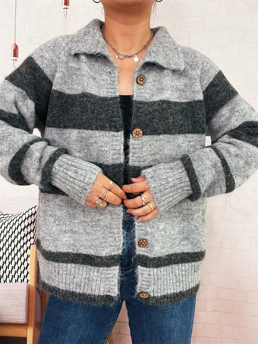 Women's Cardigan Striped Button-Up Cozy Soft Long Sleeve Gray One Size 96f247ac2a2b47cbb0dc11d5d5729097-Max-Origin Trendsi
