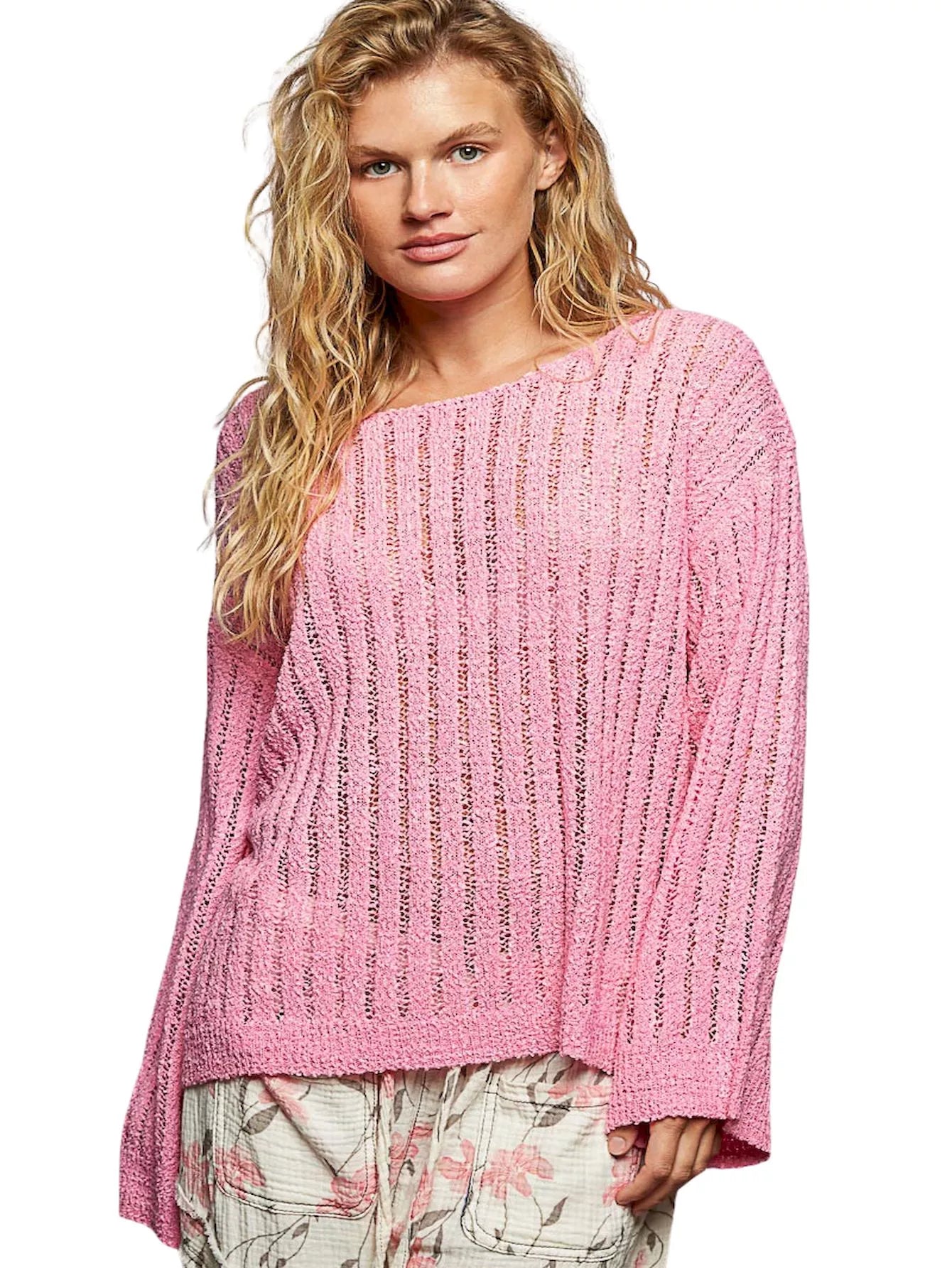 POL Round Neck Long Sleeve Open Weave Sweater Top