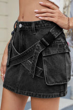 Denim Mini Skirt Criss-Cross Waist Detail with Crago Pockets Blue Black 96f76888-e428-4061-b824-9968702e58d5-Max-Origin Trendsi