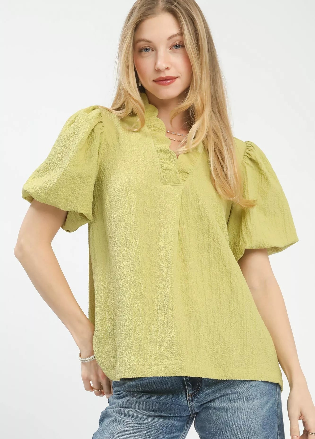 Umgee Blouse Sage Green Seersucker Puff Sleeve Short Sleeve Top SAGE 9704ffd1-b79c-4e4a-8e3d-853e3778a8e7-Max-Origin Trendsi