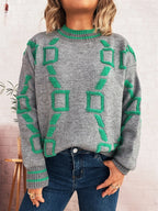 Women's Sweater Contrast Round Neck Long Sleeve Oversized Ribbed 97050b1f0f674f81be70a3fdd7d0e725-Max-Origin Trendsi