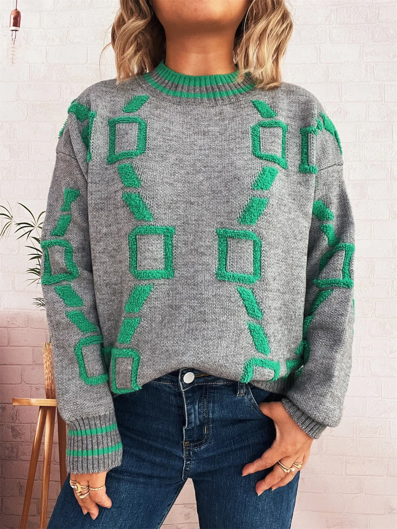 Women's Sweater Contrast Round Neck Long Sleeve Oversized Ribbed 97050b1f0f674f81be70a3fdd7d0e725-Max-Origin Trendsi