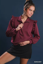 Umgee Womens Sweatshirt Luxeknit Ruffle Shoulder Quarter-Zip Burgundy Top 97057146-80c8-4577-91ca-03dc9c336b41-Max-Origin Trendsi