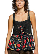 POL Ribbed Sleeveless Top with Lace Bust and Floral Woven Patch