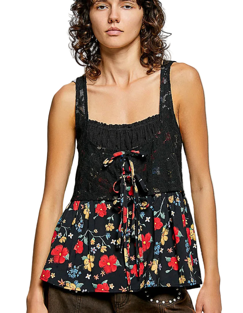 POL Ribbed Sleeveless Top with Lace Bust and Floral Woven Patch