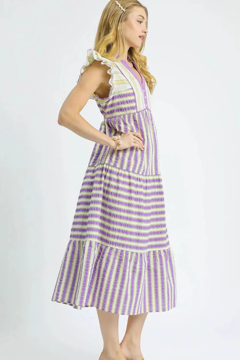 Umgee Midi Dress Cotton Purple Striped Ruffle Cap Short Sleeve Tiered 9728dd8b-1161-4497-ba01-467d26dfea79-Max-Origin Trendsi