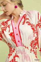 Umgee Midi Dress Red Tropical Print Button Detail Ruffled Smocked 3/4 Sleeve 973c0643-bc0f-41d8-9a06-a387f910edf0-Max-Origin Trendsi