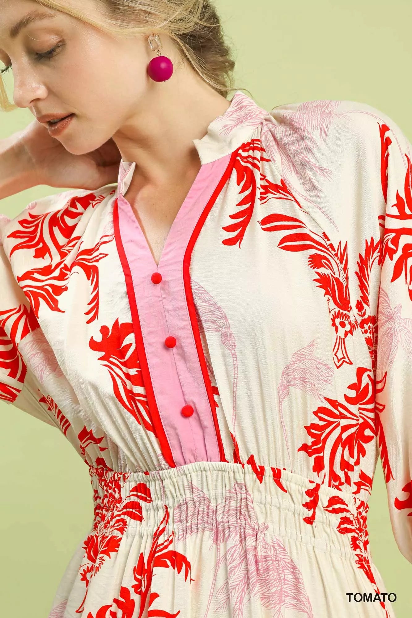 Umgee Midi Dress Red Tropical Print Button Detail Ruffled Smocked 3/4 Sleeve 973c0643-bc0f-41d8-9a06-a387f910edf0-Max-Origin Trendsi