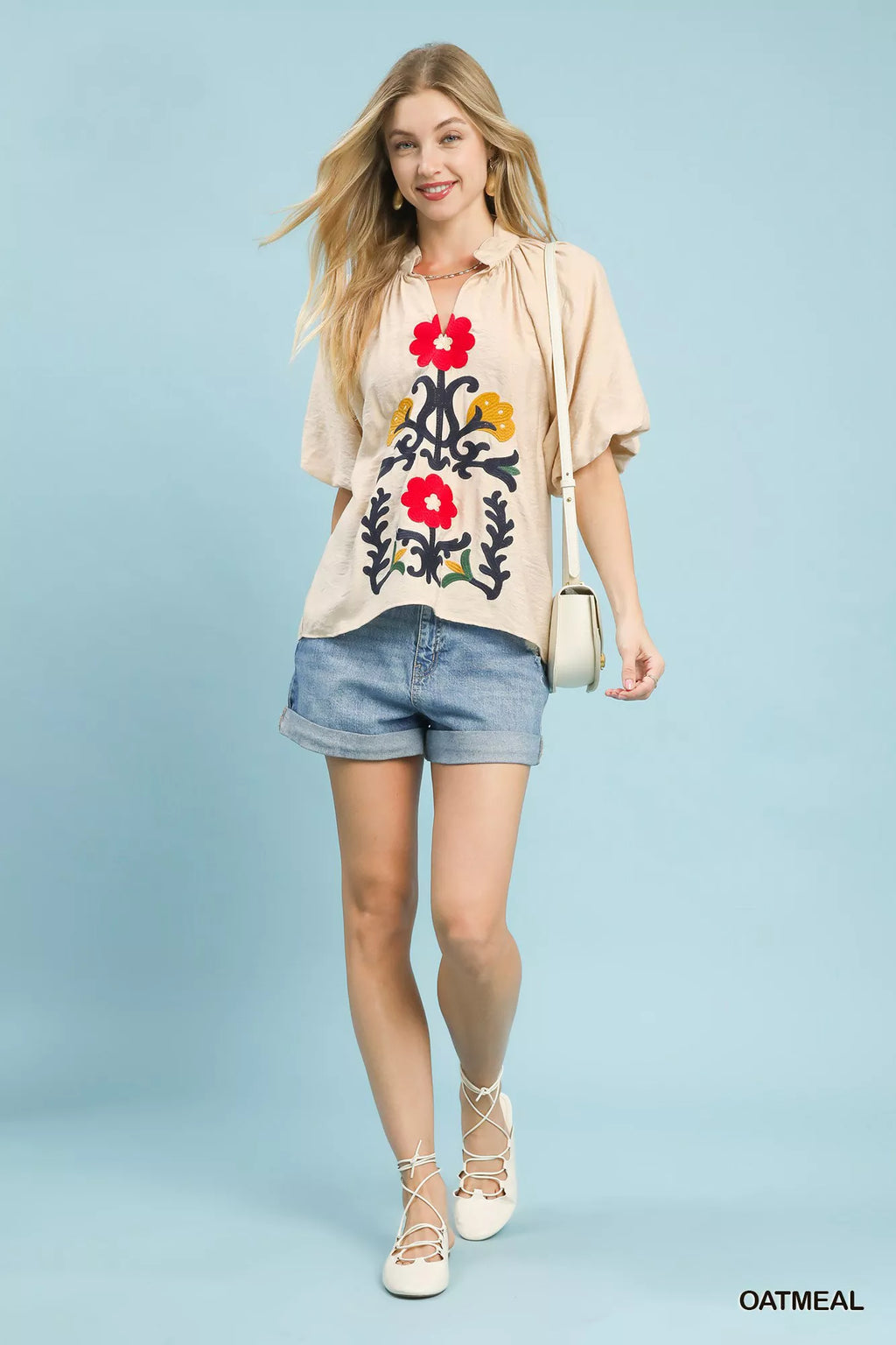 Umgee Blouse Beige Embroidered Boho Puff Short Sleeve Top 973c91de-7db8-4351-9891-1ee1f2f0500c-Max-Origin Trendsi