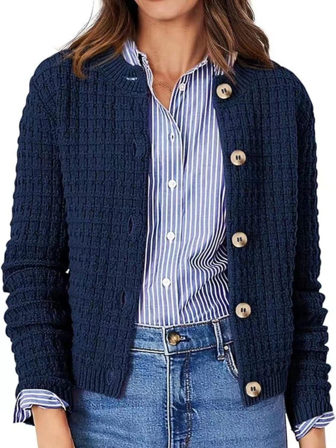 Button Up Cardigan Textured Round Neck Long Sleeve Single Breasted 973e51b2-0fba-40b1-afb8-a109366c8bfd-Max Trendsi