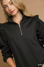 Umgee Womens Sweater Black Cable Knit Textured Pullover with Ruffle Shoulders 973feab7-f4bb-4dcc-af94-e96d72d97c9f-Max-Origin Trendsi