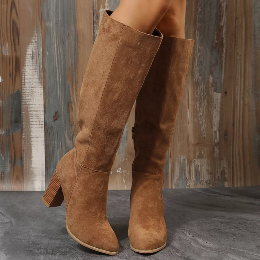 Point Toe Block Heels Boots Khaki 9744724a42c544e4aa5ca7663b692687-Max-Origin Trendsi
