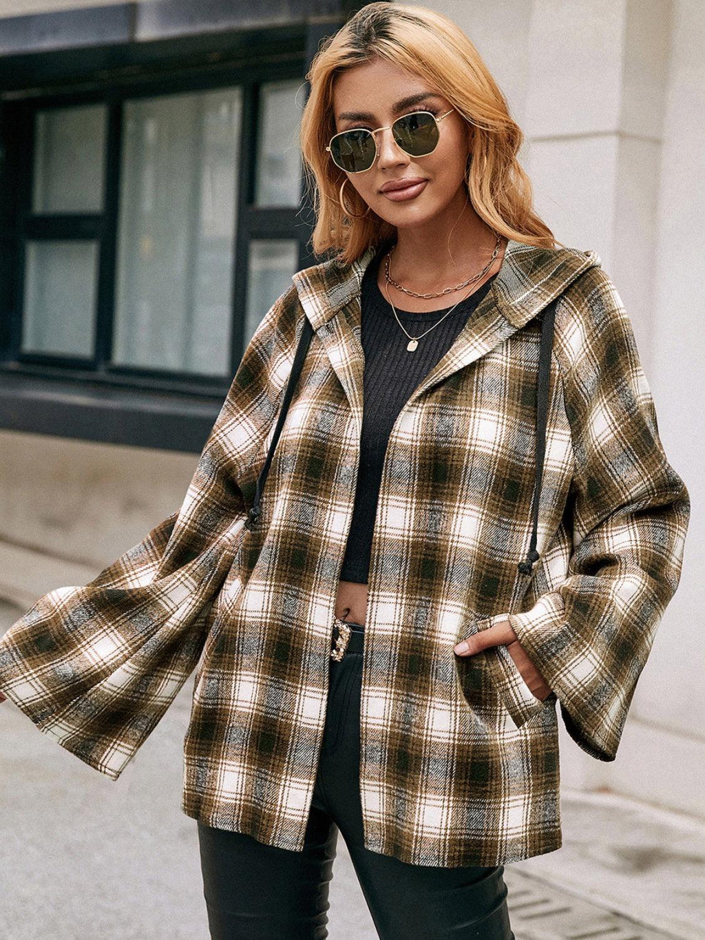 Pocketed Jacket Plaid Long Sleeve Hooded Coat 9746b6f5-df2f-4a16-b03b-c3f172c6f25d-Max Trendsi