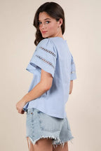 VERY J Top Ruffle Short Sleeve Lace Trim Sky Blue Blouse 974ba2d3996f400aa697a755b74654c2-Max-Origin Trendsi