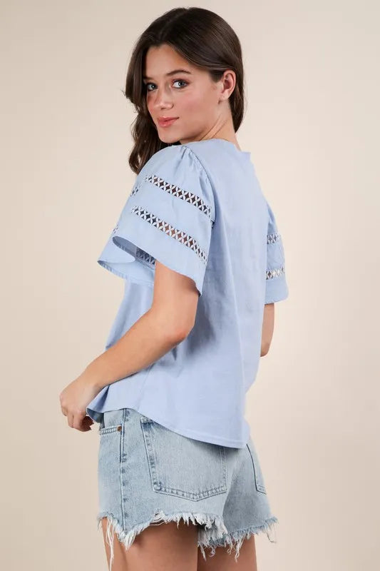 VERY J Top Ruffle Short Sleeve Lace Trim Sky Blue Blouse