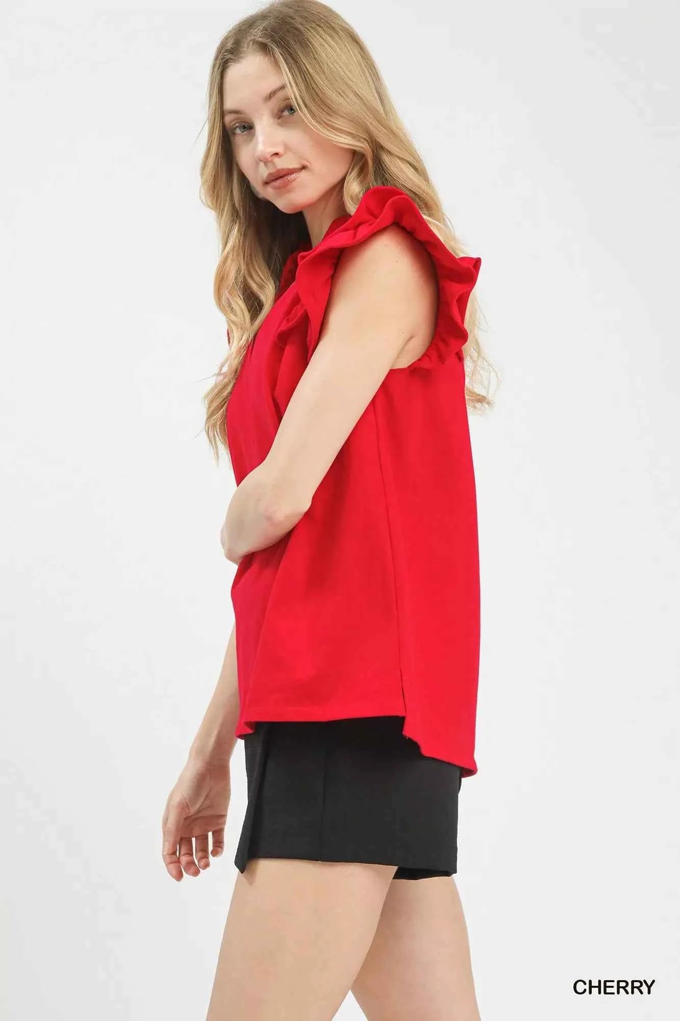 Umgee Blouse Ruffle Short Sleeve Cherry Red V-Neck Top 97542aef-93bc-4f6b-873d-6c6e5cd3c029-Max-Origin Trendsi