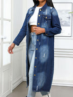 Denim Jacket Long Distressed Button Up Collared Neck 975943ec-fb34-49cc-863a-303e1e44ff0c-Max Trendsi