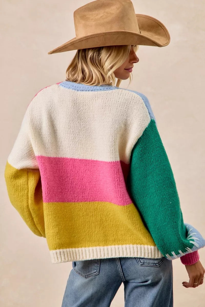 BiBi Womens Cardigan Colorful Stripe Color Block Open Front Sweater 975c2c8416394c69b2c844226c015554-Max-Origin Trendsi