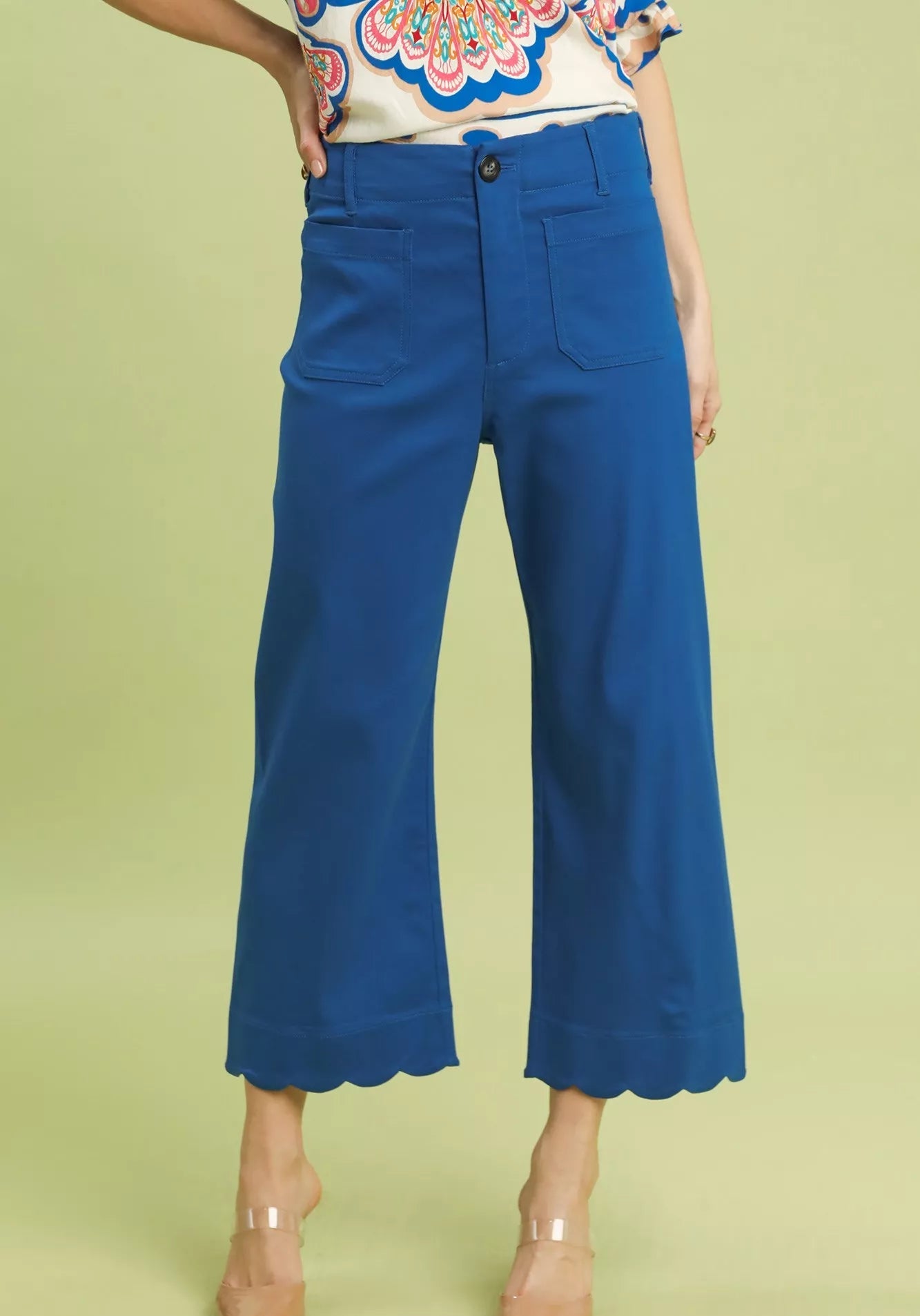 Umgee Wide Leg Pants Cropped Blue Scallop Hem with Front Pockets OCEAN 97600358-af36-4f97-87fb-bffc29c9b38b-Max-Origin Trendsi
