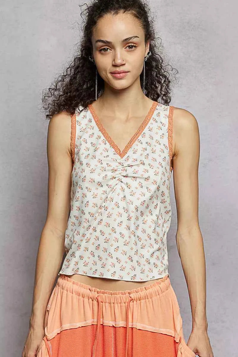 POL Tank Top Floral Ivory Ruched V-Neck with Lace Detail Blouse OFF WHITE 9763e665-453e-4cd1-8bbe-818beb7bab37-Max-Origin Trendsi
